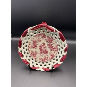 Vintage Victorian Red White Porcelain Basket Weave Plate 8 Inch 027 GW126